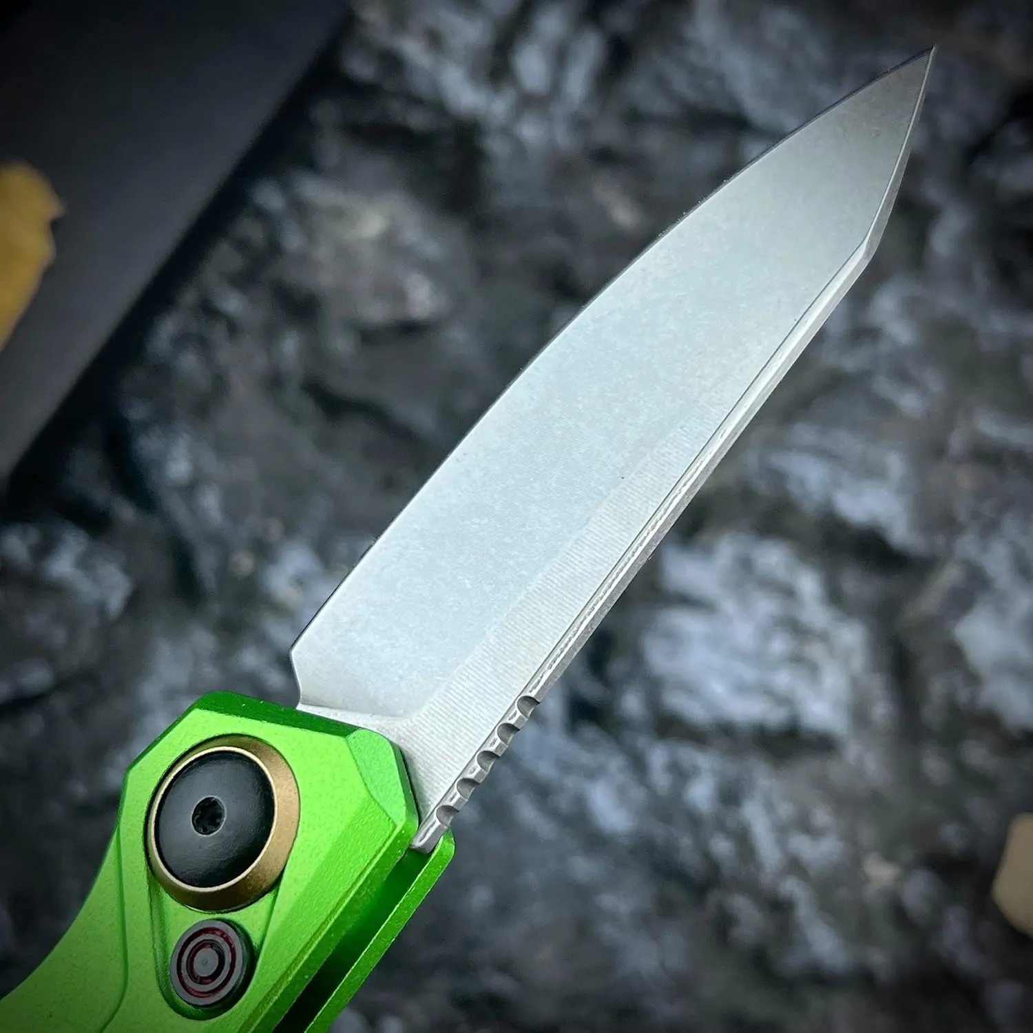 Push Button lock knife, Folding Pocket Knife For Men, Stonewashed Reverse Tanto Blade, Aluminum Handles With Reversible Deep Carry Pocket Clip for Everyday Carry Outdoor Camping EDC Tool (Green)