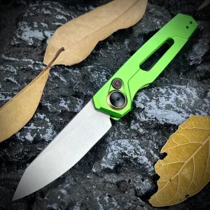 Push Button lock knife, Folding Pocket Knife For Men, Stonewashed Reverse Tanto Blade, Aluminum Handles With Reversible Deep Carry Pocket Clip for Everyday Carry Outdoor Camping EDC Tool (Green)
