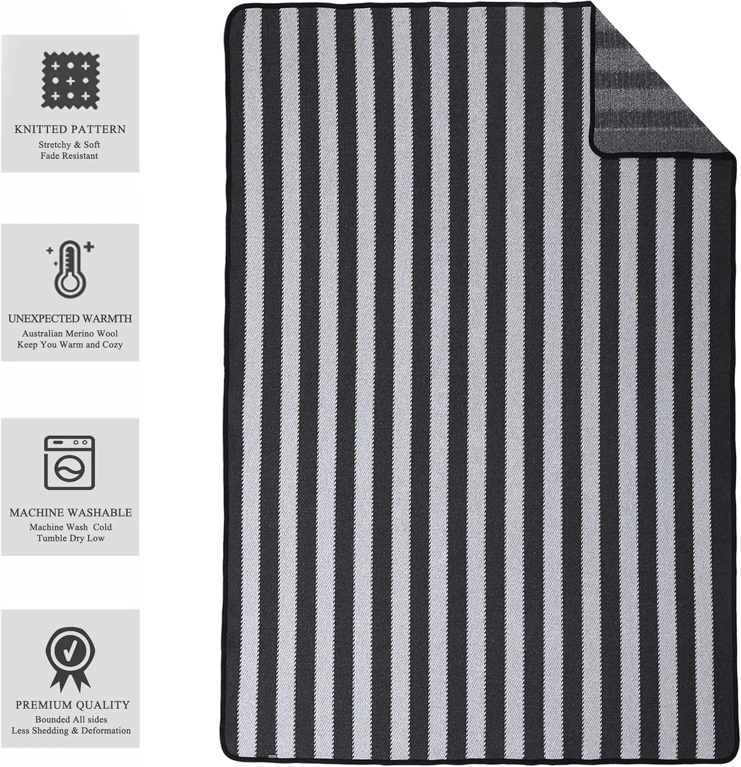 PuTian Merino Wool Blanket - 87" x 63" Thick Warm Soft Large Bed Throw - Great for Camping, Outdoors, Travel, Car, Couch, All Seasons Grey Stripe
