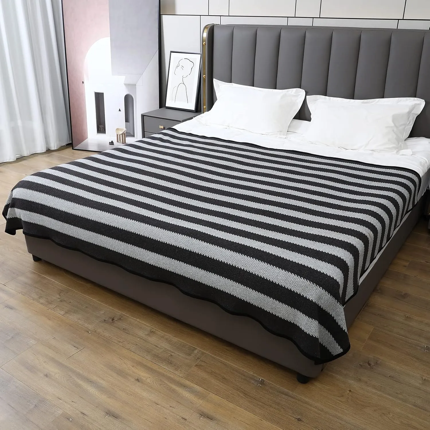 PuTian Merino Wool Blanket - 87" x 63" Thick Warm Soft Large Bed Throw - Great for Camping, Outdoors, Travel, Car, Couch, All Seasons Grey Stripe