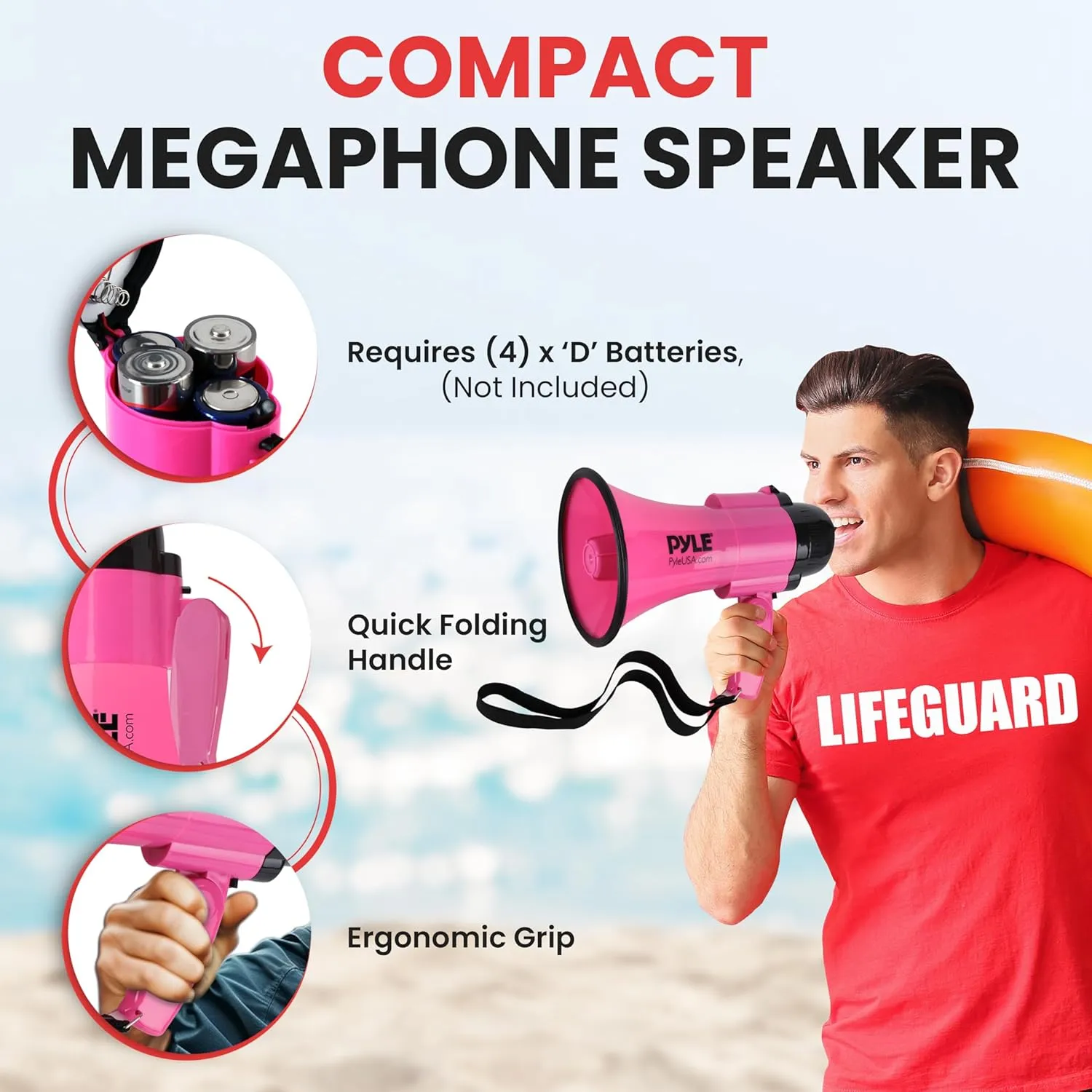PYLE Portable Megaphone Speaker Siren Bullhorn - Compact and Battery Operated with 30 Watt Power, Microphone, 2 Modes, PA Sound and Foldable Handle for Cheerleading and Police Use PMP34PK