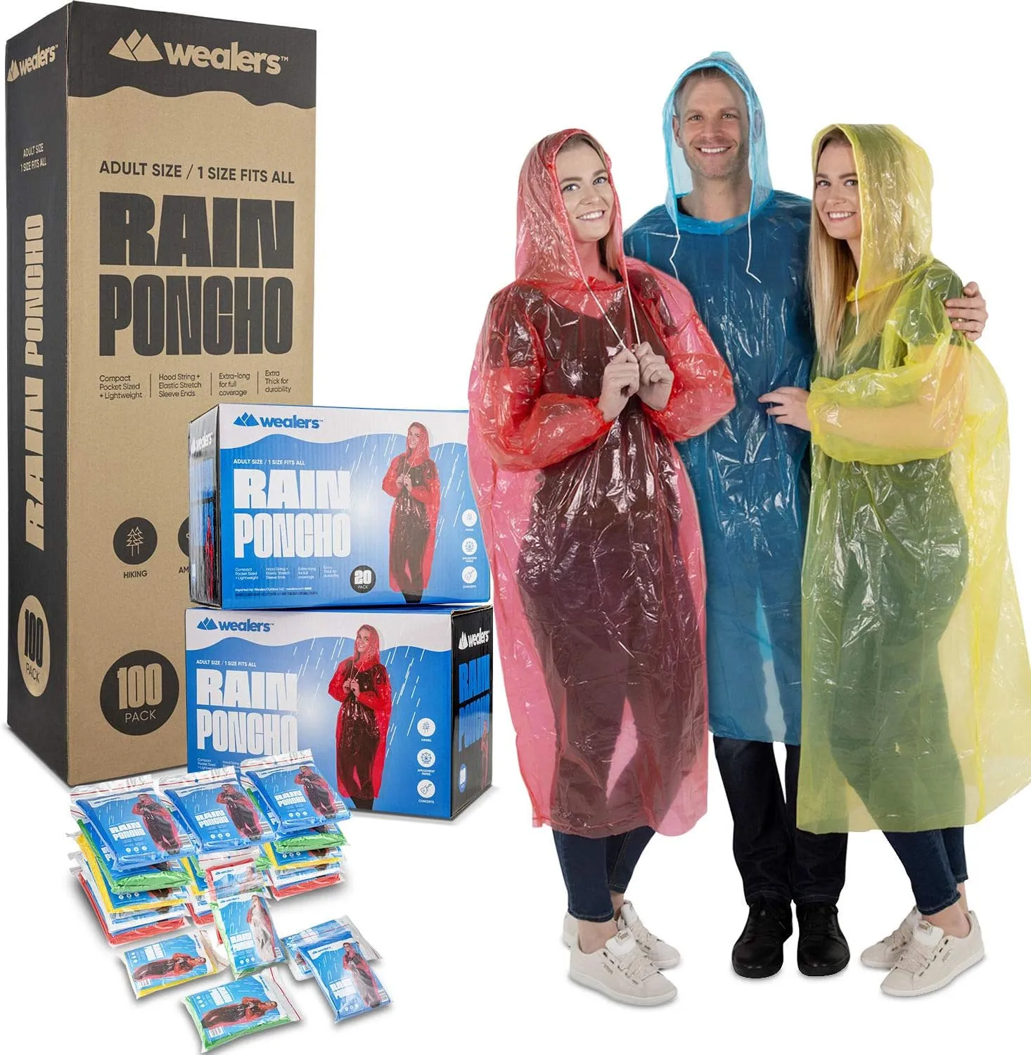 Rain Poncho Bulk Pack Disposable Ponchos Adults Emergency Raincoat Hood Strings Multi Colors