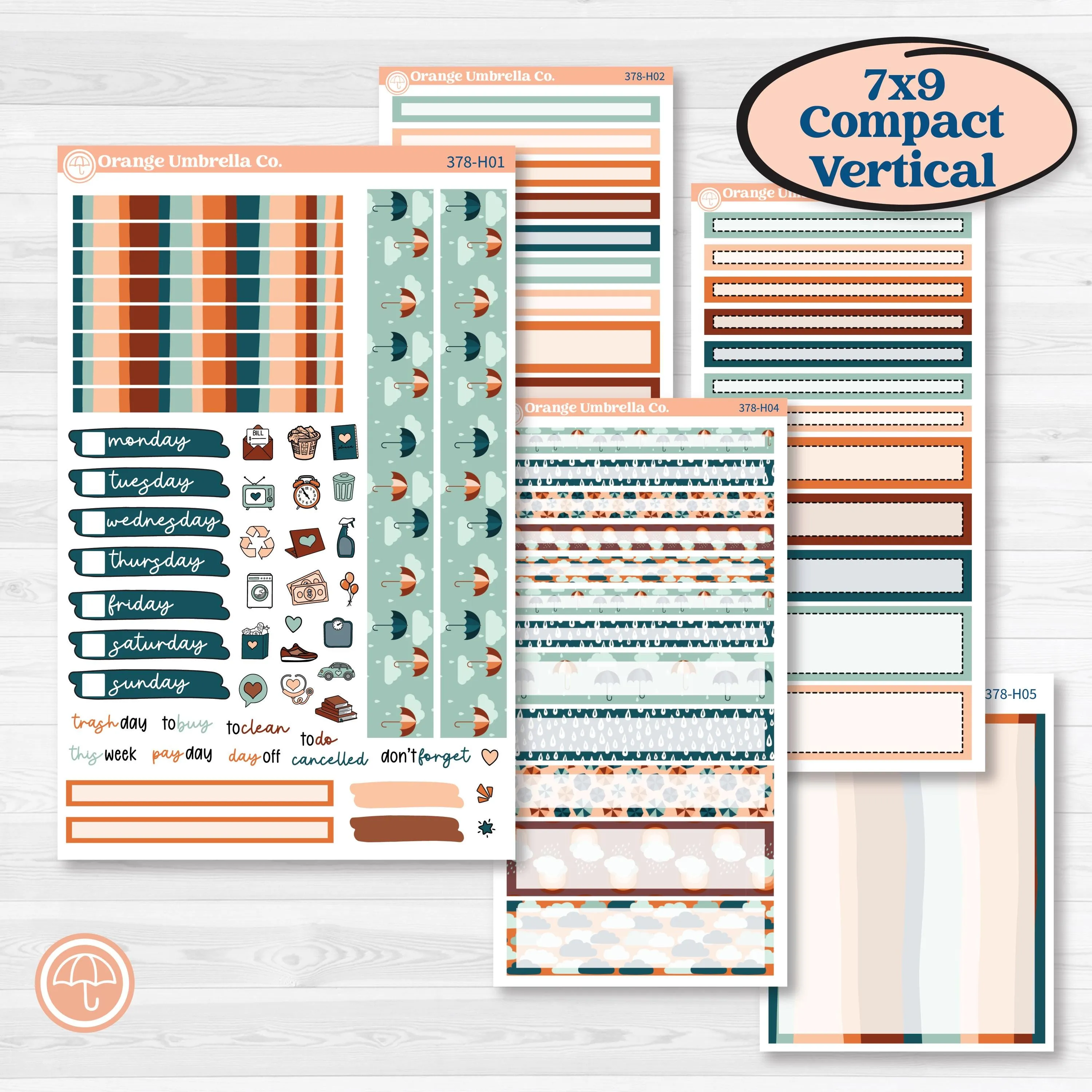 Rainy Day April Kit | 7x9 Compact Vertical Planner Kit Stickers | Sun Showers | KIT-378-H