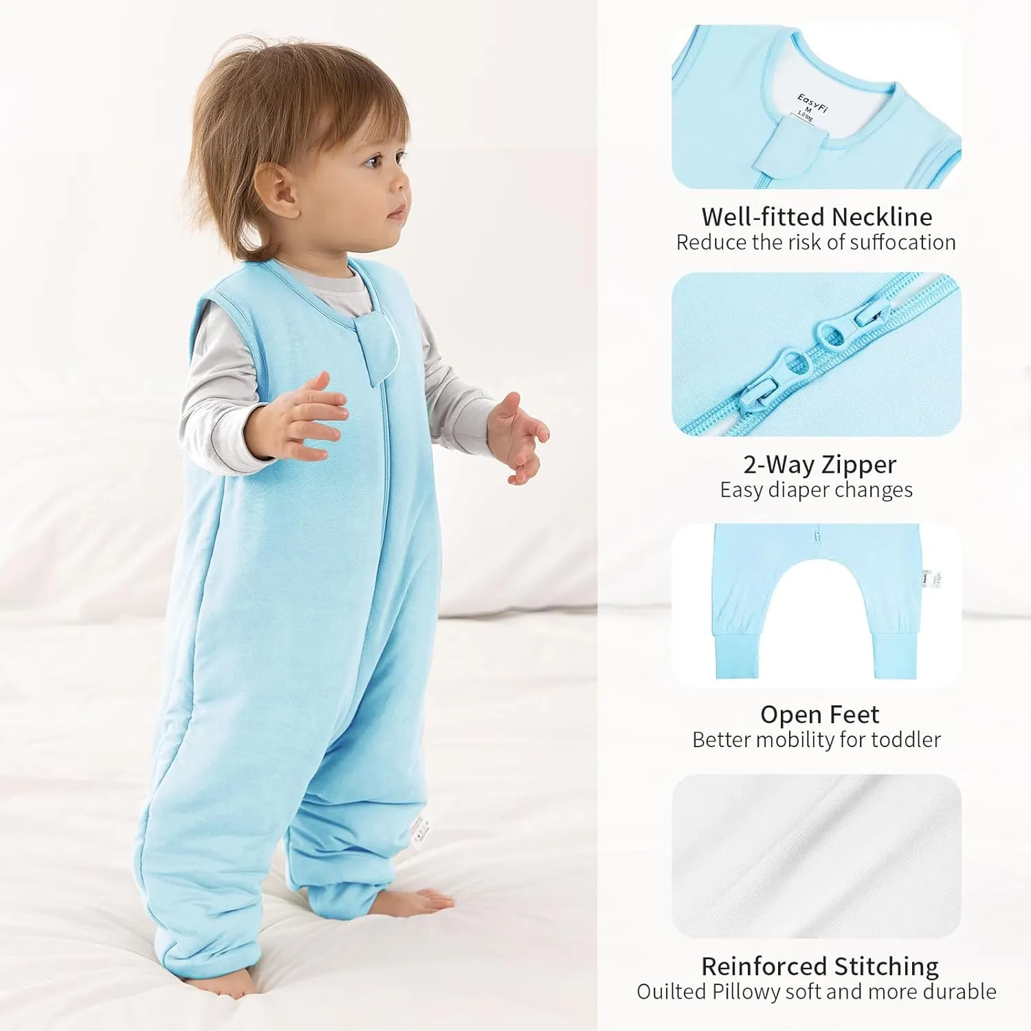 Rayon Made From Bamboo Sleep Sack 12-24 Months 1.0 Tog Ultra Soft Toddler Sleep Sack 1t-2t with Feet 2-Way Zipper Unisex Baby Sleeping Bag with Legs Baby Wearable Blanket (2 Pack)-Blue & Gray