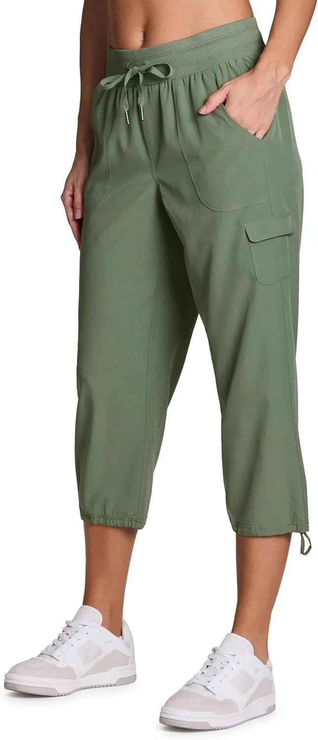 RBX Active Women's Cargo Capri Pant with Pockets Fashion Lightweight Woven with Drawstring