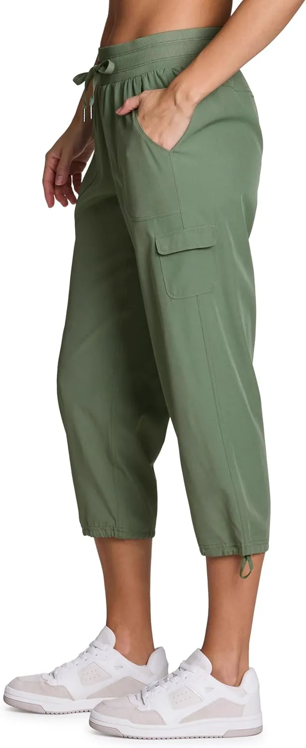 RBX Active Women's Cargo Capri Pant with Pockets Fashion Lightweight Woven with Drawstring