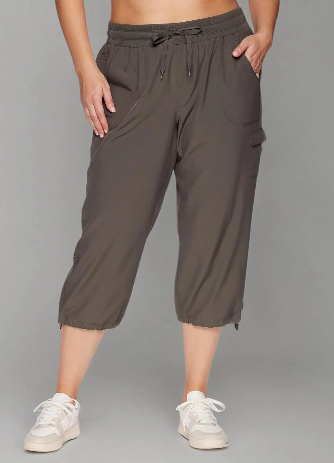 RBX Active Women's Plus Size Fashion Lightweight Woven Body Skimming Drawstring Cargo Capri Pant