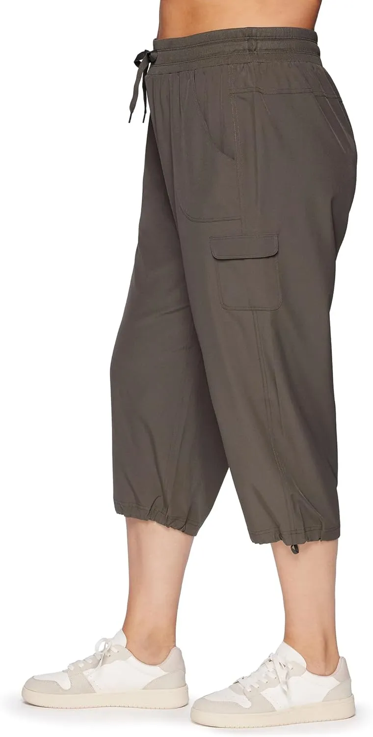 RBX Active Women's Plus Size Fashion Lightweight Woven Body Skimming Drawstring Cargo Capri Pant
