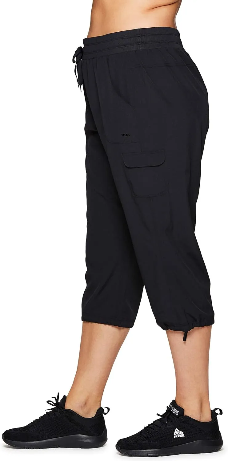 RBX Active Women's Plus Size Fashion Lightweight Woven Body Skimming Drawstring Cargo Capri Pant