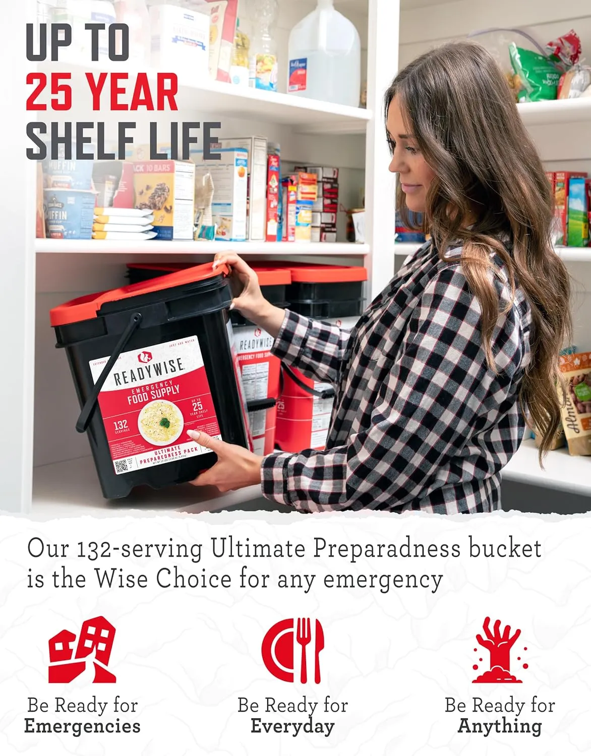 READYWISE - Emergency Food Supply, 132 Servings, 1 Bucket, Freeze-Dried, MRE, Survival and Adventure Essentials for Camping, Hiking & Emergencies, Individually Packaged, Up to 25 Year Shelf Life