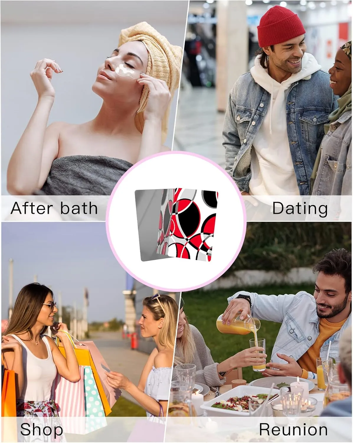 Red Black Geometric Small Compact Mirror for Purse, Abstract Round Modern Art Travel Makeup Mirror for Women Men, Rectangular Handheld Compact Pocket Mirror 2 PCS