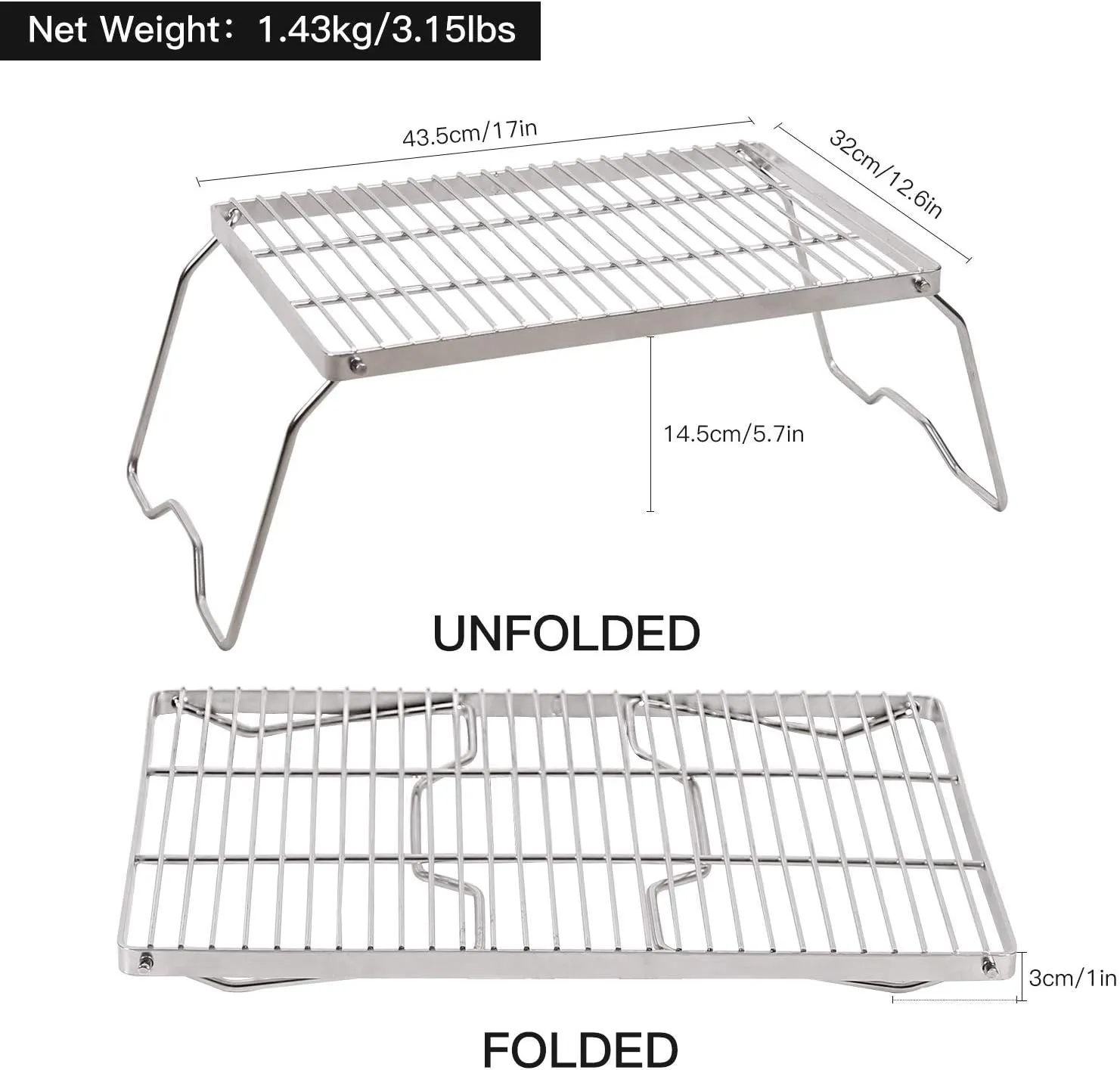 REDCAMP 17" Large Folding Campfire Grill 304 Stainless Steel Grate, Heavy Duty Portable Camping Grill with Carrying Bag for Outdoor Cooking Backpacking Hiking Picnics BBQ