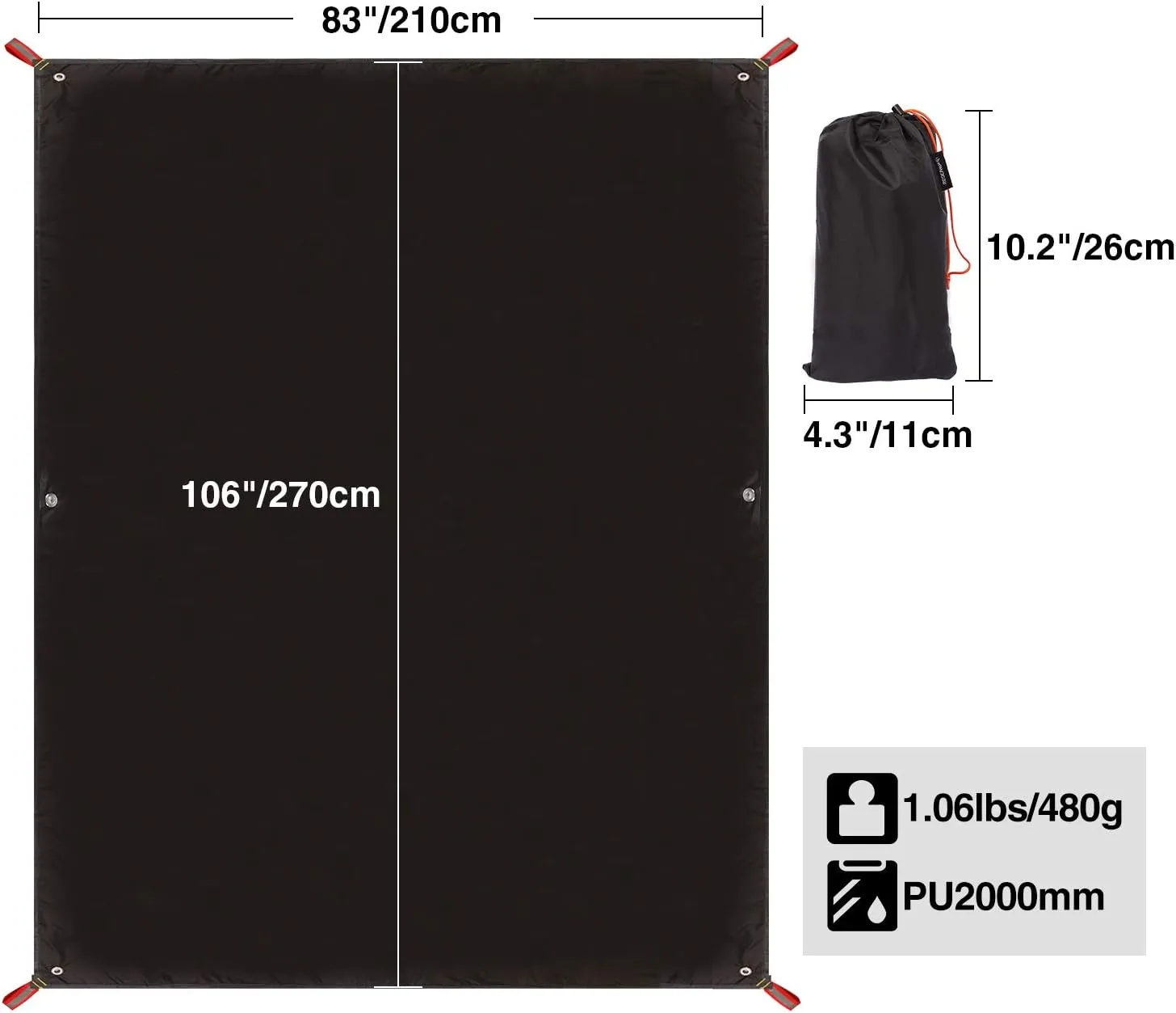 REDCAMP Ultralight Tent Footprint, PU 2000 Waterproof Camping Tent Tarp with Drawstring Carrying Bag for Ground Camping Hiking (106"x83" UL Black)