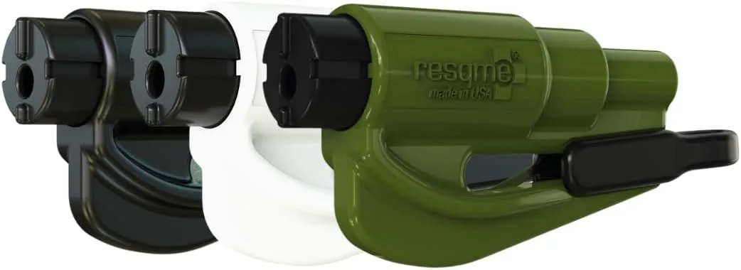 RESQME The Original Emergency Keychain Car Escape Tool, 2-in-1 Seatbelt Cutter and Window Breaker, Made in USA, Family Pack of 3, Black, White, Army Green - Compact Emergency Hammer