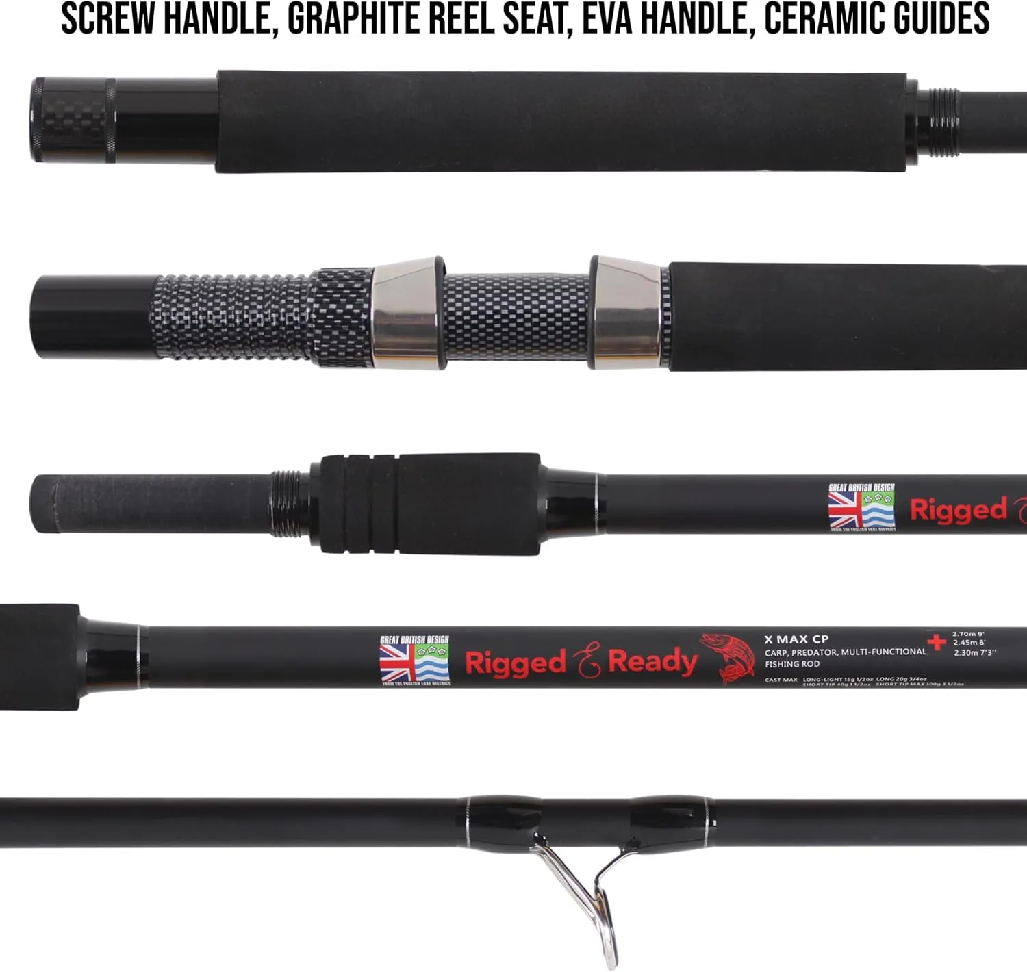 Rigged & Ready X Series Travel Fishing Rods. 6 Super Compact, Multi-Functional, Portable, Spin, Bass, Carp, Lure, Float, Fly Combos   Poles. 4 or 6 Tips & 5 to 25 Techniques Freshwater & Saltwater