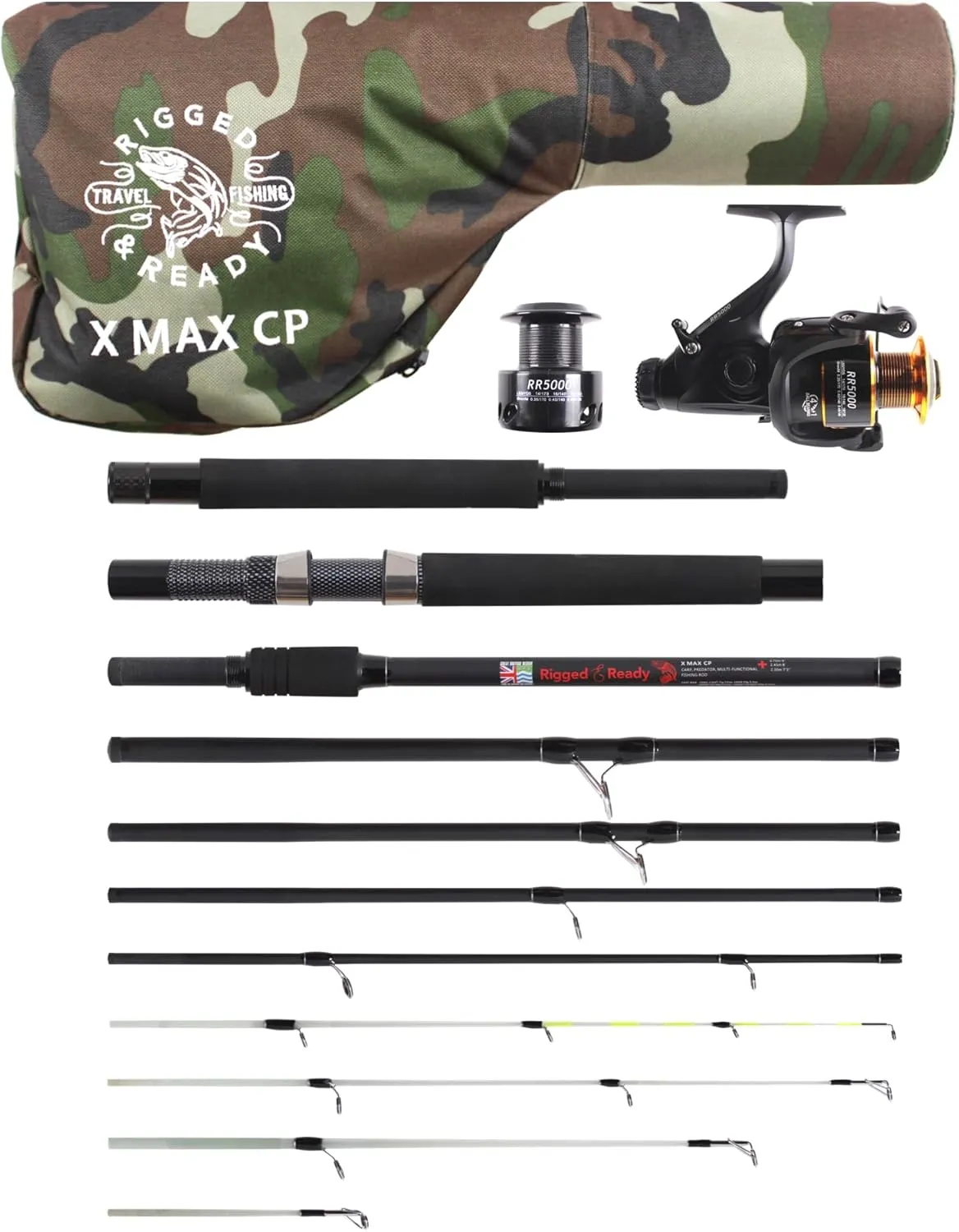 Rigged & Ready X Series Travel Fishing Rods. 6 Super Compact, Multi-Functional, Portable, Spin, Bass, Carp, Lure, Float, Fly Combos   Poles. 4 or 6 Tips & 5 to 25 Techniques Freshwater & Saltwater