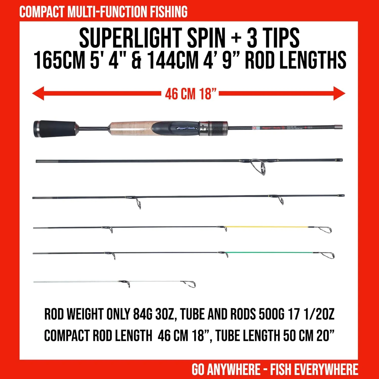 Rigged and Ready Fish Rig Super-Light Compact Travel Rods and Combo. 1 Spinning Multi-Section,1 Telescopic Rod,1 Combination,3 Tip Poles & Case. Bass, Trout, Carp, Small Fresh & Saltwater Fishing
