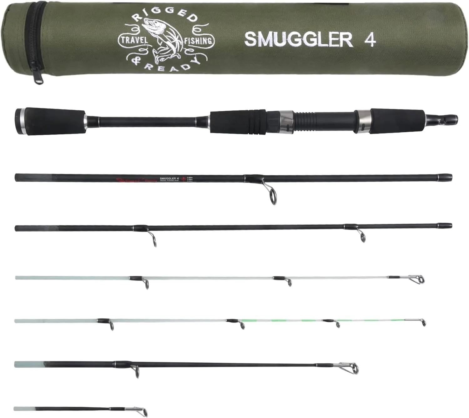 Rigged and Ready Smuggler Series Travel Fishing Rods. 6 Portable, Super Compact Spin, Bass, Carp, Lure, Rod Reel Combination and 5 Poles   Case. 2 or 4 Tips for Freshwater and Saltwater Fishing