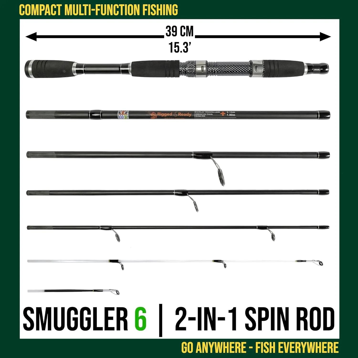 Rigged and Ready Smuggler Series Travel Fishing Rods. 6 Portable, Super Compact Spin, Bass, Carp, Lure, Rod Reel Combination and 5 Poles   Case. 2 or 4 Tips for Freshwater and Saltwater Fishing