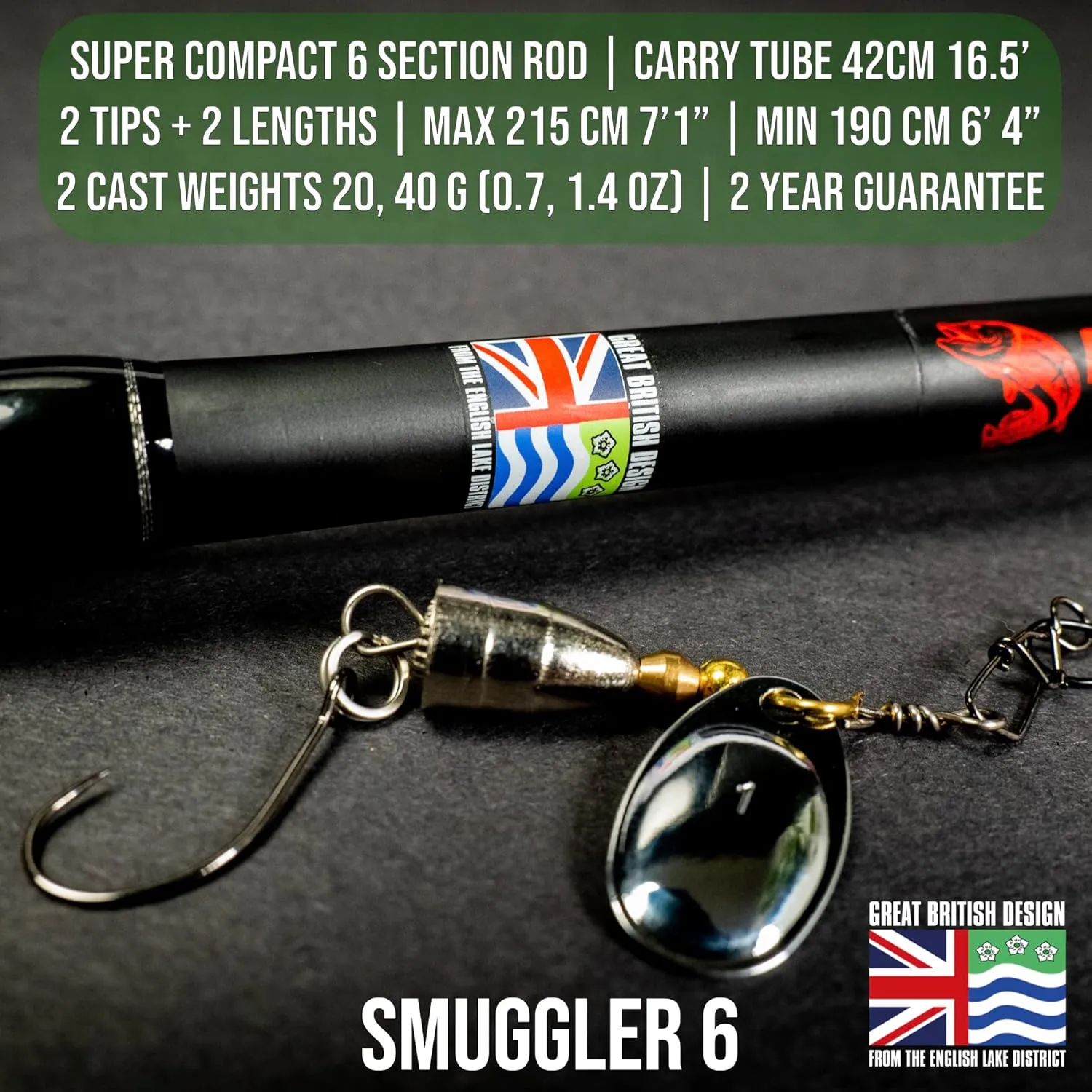 Rigged and Ready Smuggler Series Travel Fishing Rods. 6 Portable, Super Compact Spin, Bass, Carp, Lure, Rod Reel Combination and 5 Poles   Case. 2 or 4 Tips for Freshwater and Saltwater Fishing