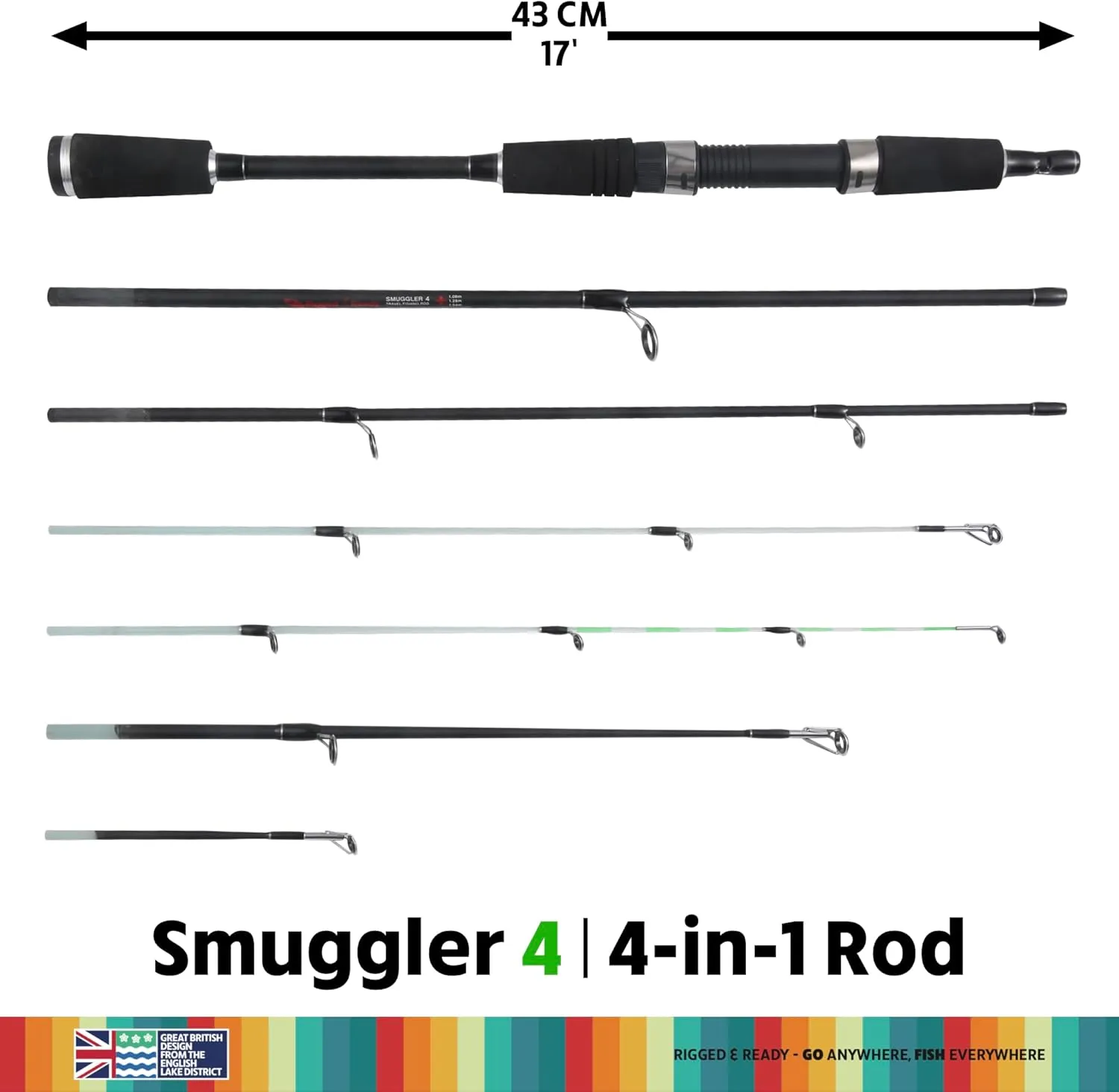 Rigged and Ready Smuggler Series Travel Fishing Rods. 6 Portable, Super Compact Spin, Bass, Carp, Lure, Rod Reel Combination and 5 Poles   Case. 2 or 4 Tips for Freshwater and Saltwater Fishing