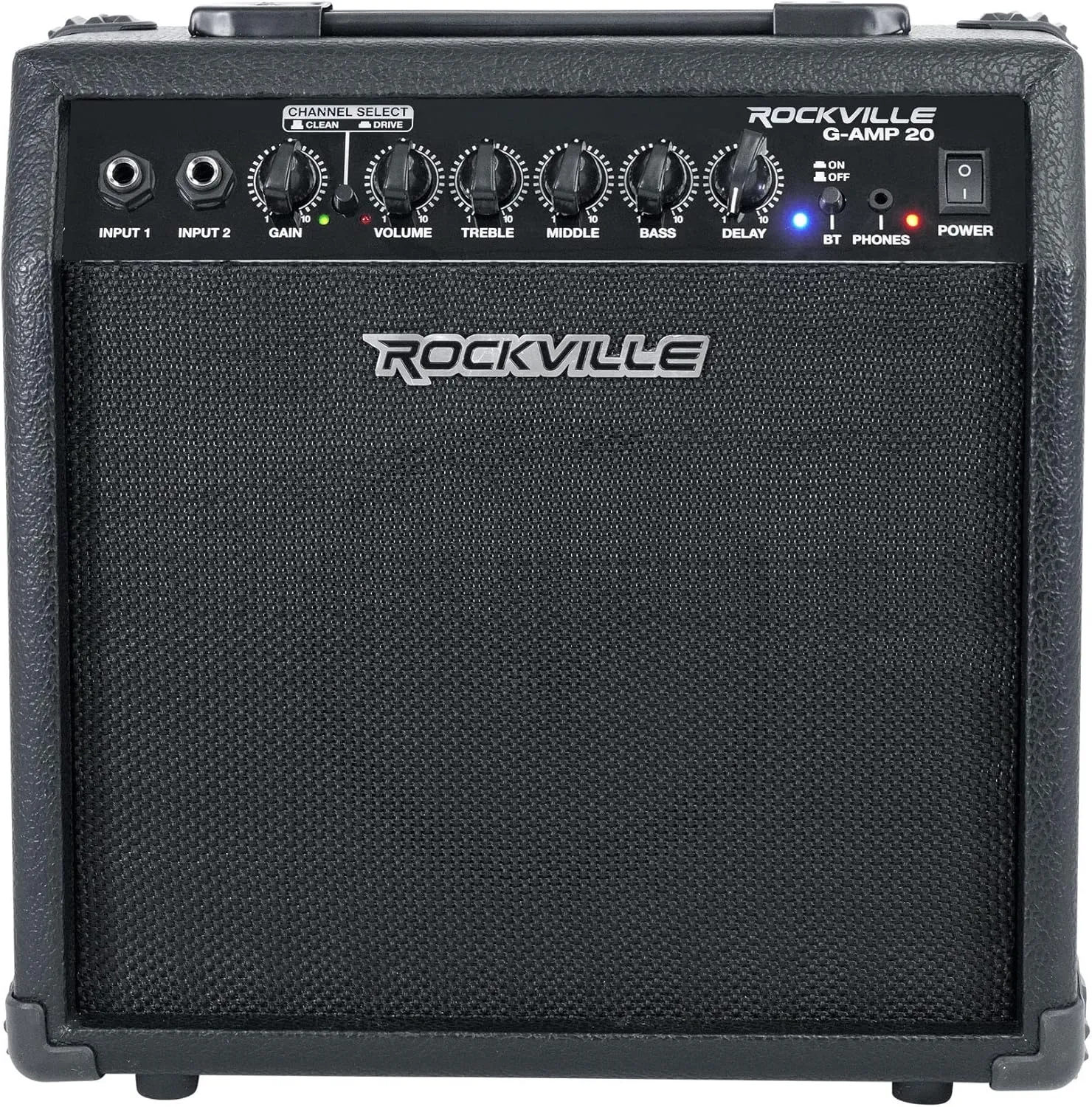 Rockville G-AMP 20W Guitar Amplifier Combo, Bluetooth, Delay, Dual Inputs, Compact Design, Lightweight, Portable, Perfect for Practice and Small Gigs