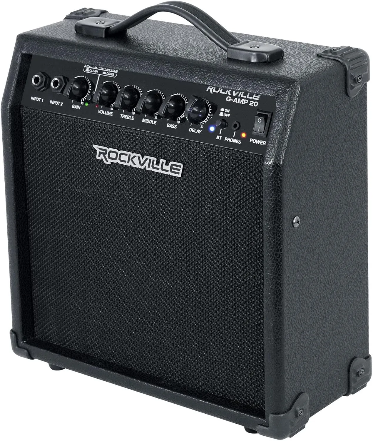 Rockville G-AMP 20W Guitar Amplifier Combo, Bluetooth, Delay, Dual Inputs, Compact Design, Lightweight, Portable, Perfect for Practice and Small Gigs