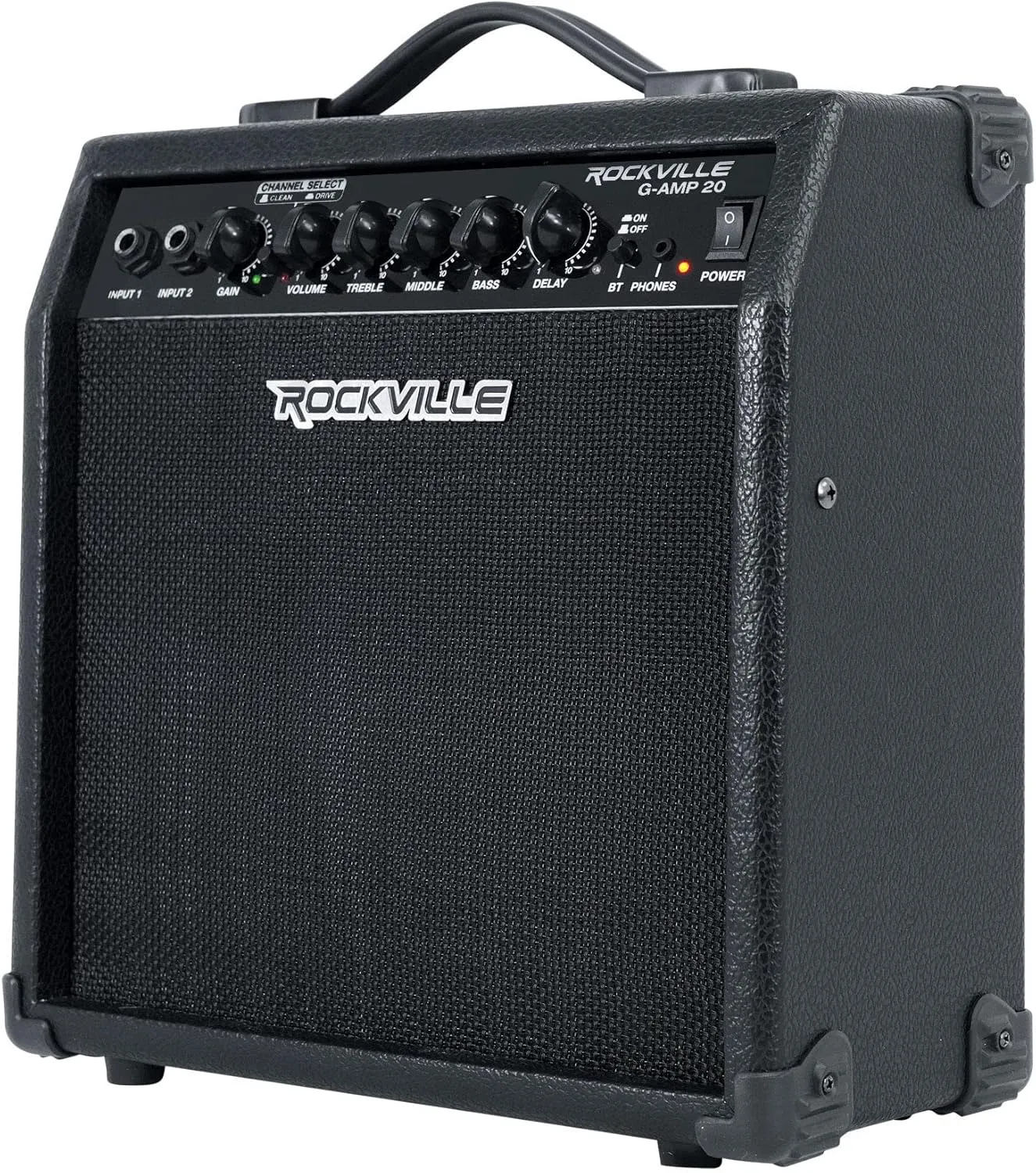 Rockville G-AMP 20W Guitar Amplifier Combo, Bluetooth, Delay, Dual Inputs, Compact Design, Lightweight, Portable, Perfect for Practice and Small Gigs