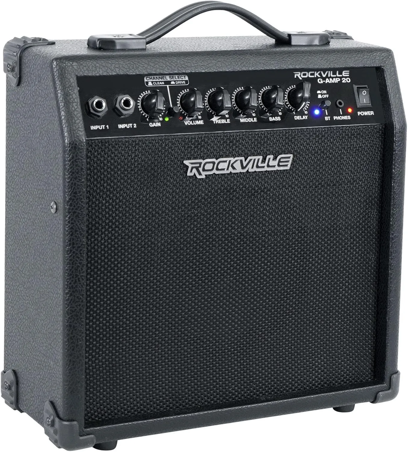 Rockville G-AMP 20W Guitar Amplifier Combo, Bluetooth, Delay, Dual Inputs, Compact Design, Lightweight, Portable, Perfect for Practice and Small Gigs