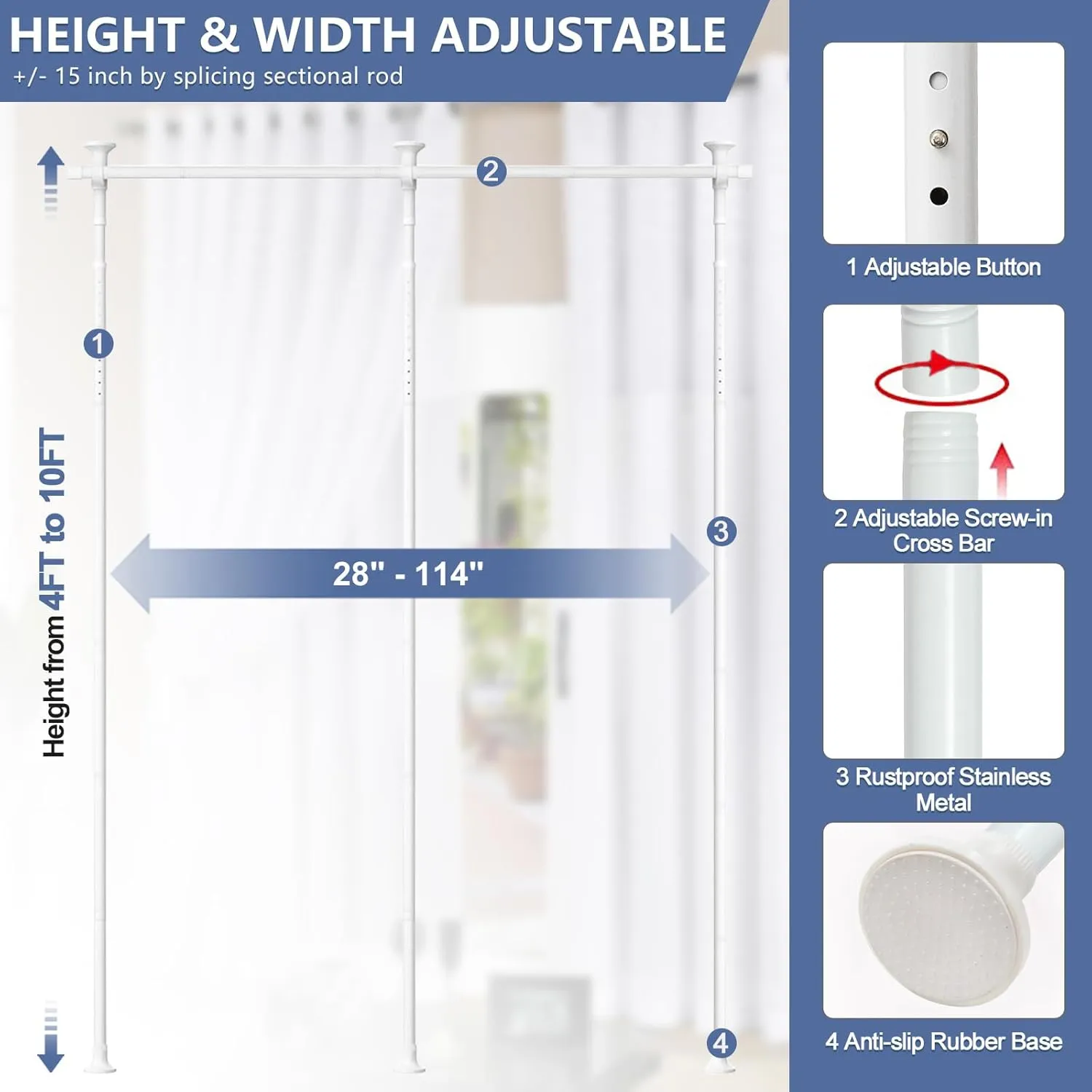 Room Divider No Drilling Curtain Rod, 4-10ft (H) 28-114inch(W) Adjustable Heavy Duty Floor to Ceiling Room Dividers Tension Rod - Damage Free for Space Partition White