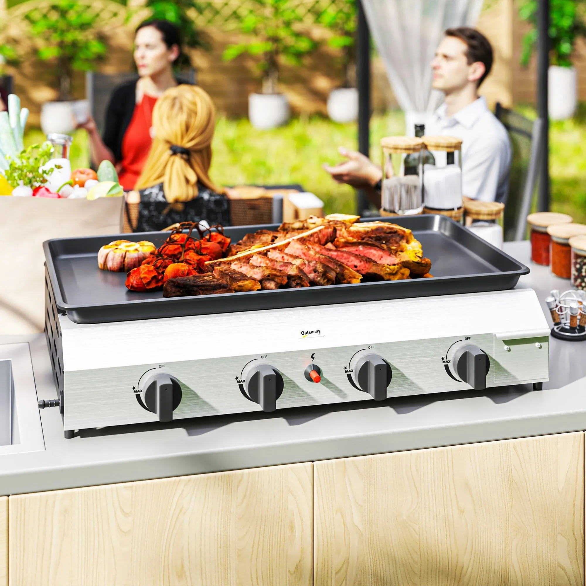 Rootz Gas Grill 4 Burner - Portable BBQ - Outdoor Cooking - Easy Cleaning - 77cm x 44.5cm x 19cm - Party Ready Solution