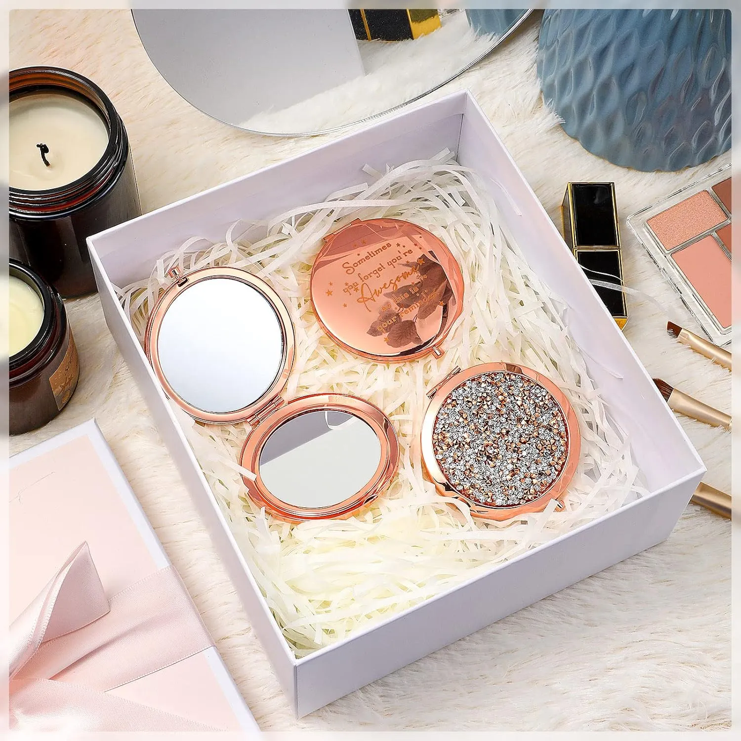 Roowest 10 Pcs Inspirational Compact Mirror Sometimes You Forget You're Awesome Appreciation Gifts for Women Employee Coworker Friends Birthday Party Favors Magnifying Pocket Mirror (Rose Gold)