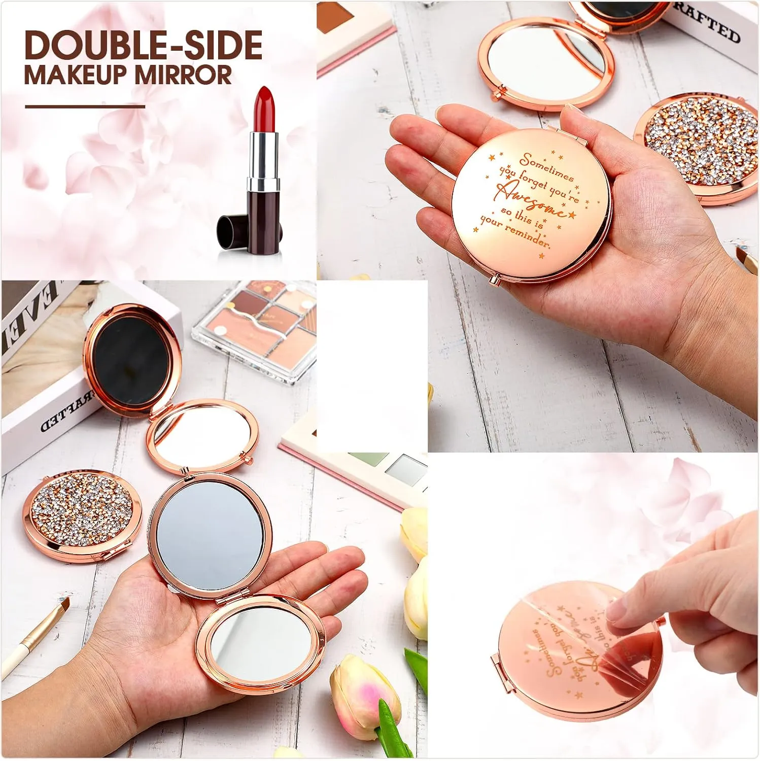 Roowest 10 Pcs Inspirational Compact Mirror Sometimes You Forget You're Awesome Appreciation Gifts for Women Employee Coworker Friends Birthday Party Favors Magnifying Pocket Mirror (Rose Gold)