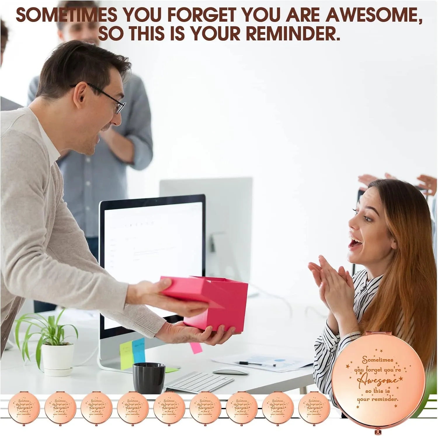 Roowest 10 Pcs Inspirational Compact Mirror Sometimes You Forget You're Awesome Appreciation Gifts for Women Employee Coworker Friends Birthday Party Favors Magnifying Pocket Mirror (Rose Gold)
