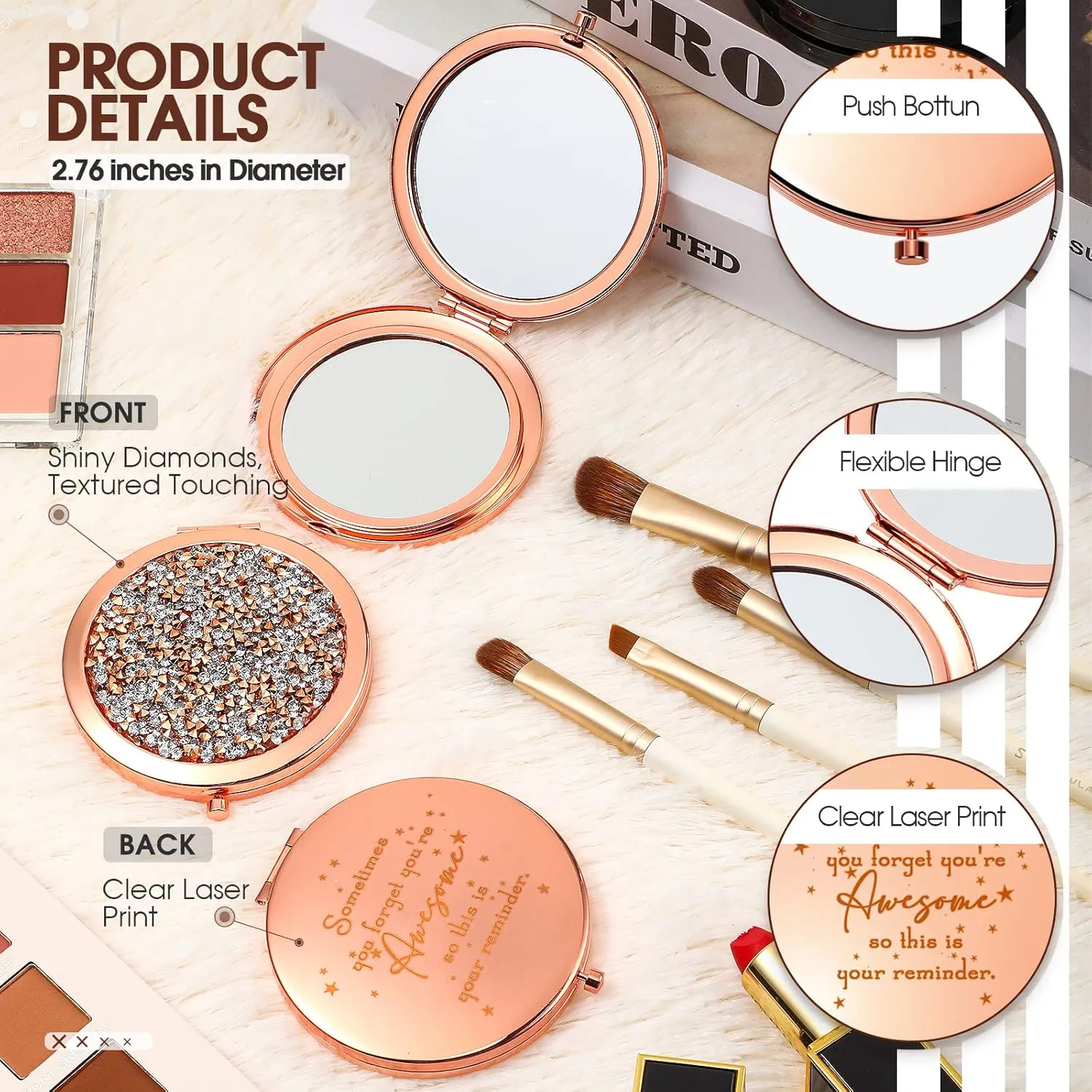 Roowest 10 Pcs Inspirational Compact Mirror Sometimes You Forget You're Awesome Appreciation Gifts for Women Employee Coworker Friends Birthday Party Favors Magnifying Pocket Mirror (Rose Gold)
