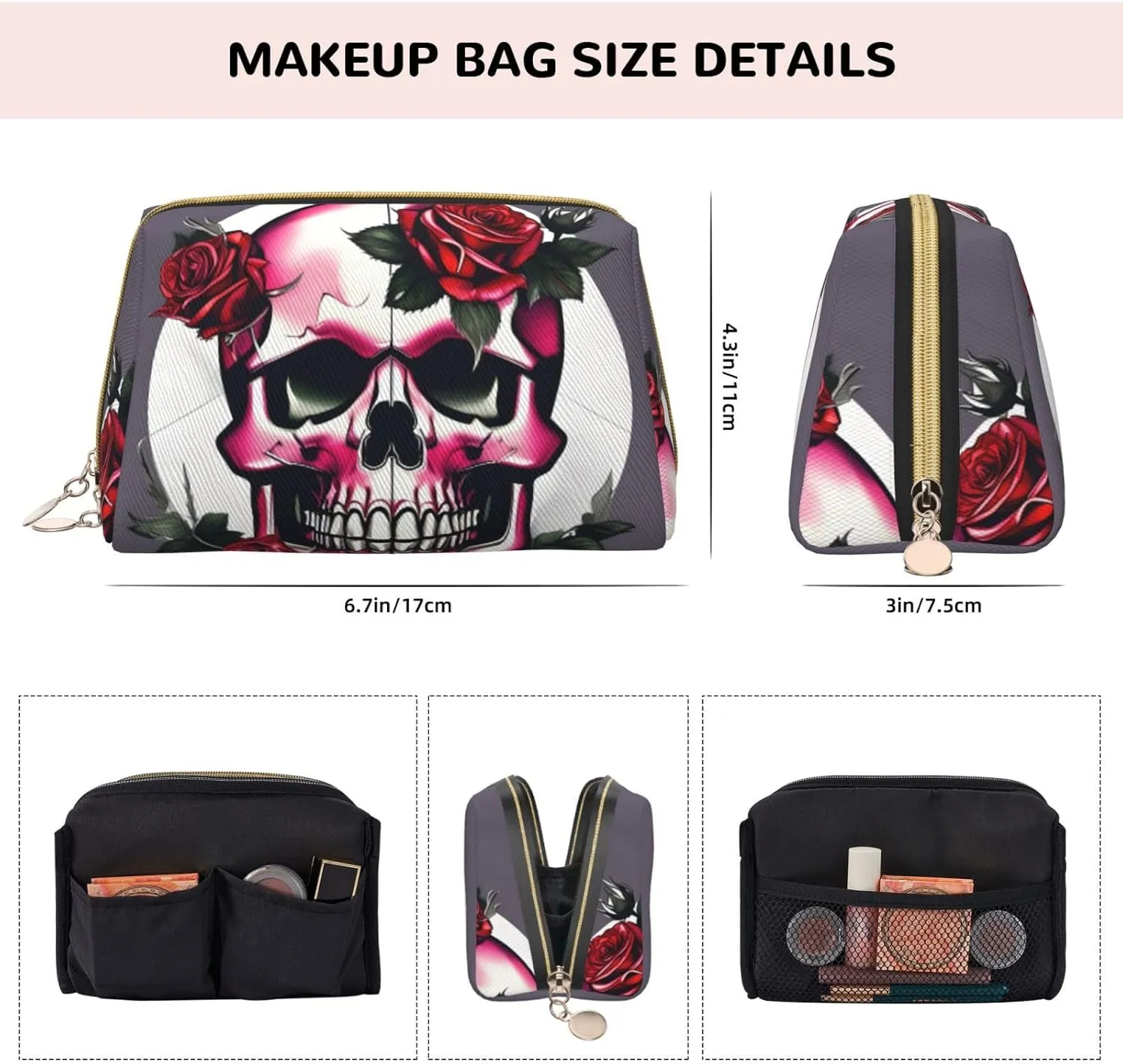 Rose Skull Toiletry Pouch, Travel-Friendly Makeup Organizer For Makeup Brushes, Lipsticks