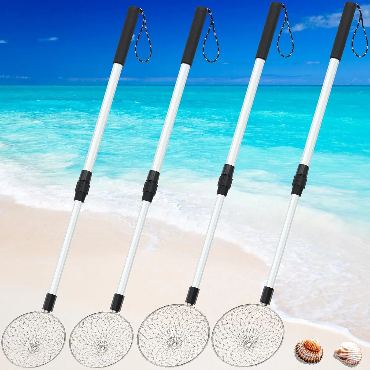 Roshtia 4 Pcs 30 Inch Shark Tooth Sifter, Sand Sifter, Beach Scoop Shovel Tool Metal Adjustable Long Handle Shell Scooper for Seaside Picking up Grooming Seashell Collecting Hunting(Gray,Round)