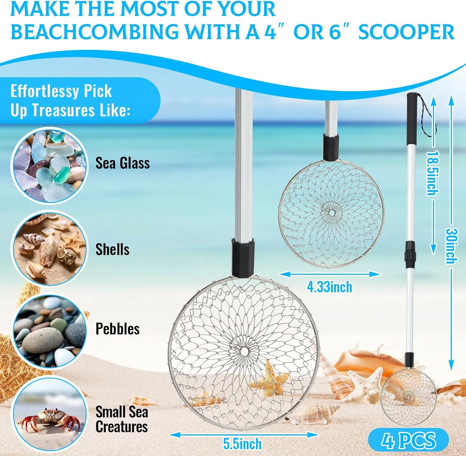 Roshtia 4 Pcs 30 Inch Shark Tooth Sifter, Sand Sifter, Beach Scoop Shovel Tool Metal Adjustable Long Handle Shell Scooper for Seaside Picking up Grooming Seashell Collecting Hunting(Gray,Round)