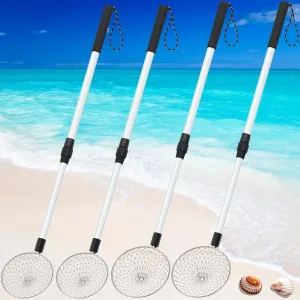 Roshtia 4 Pcs 30 Inch Shark Tooth Sifter, Sand Sifter, Beach Scoop Shovel Tool Metal Adjustable Long Handle Shell Scooper for Seaside Picking up Grooming Seashell Collecting Hunting(Gray,Round)