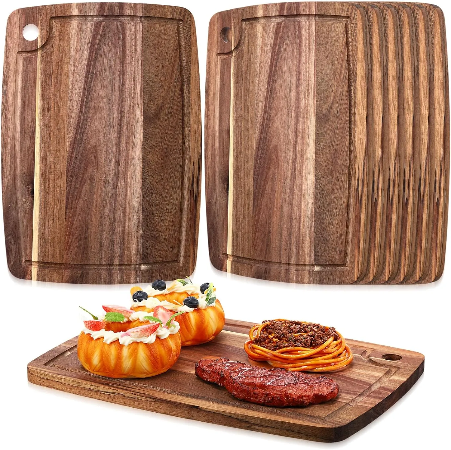 Roshtia 6 Pieces Acacia Wood Cutting Board 14" x 10" Kitchen Wooden Chopping Board Reversible Charcuterie Serving Tray Butcher Block Cutting Tray for Meat Cheese Vegetables Fruit(Elegant)