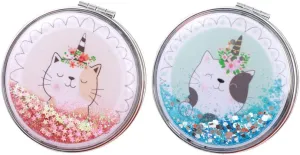 Round Mirror 2Pcs Quicksand Makeup Mirror Portable Compact Mirror Cat Vanity Mirror Travel Purse Mirror Beauty Care Tools for Girl Woman Led Mirror