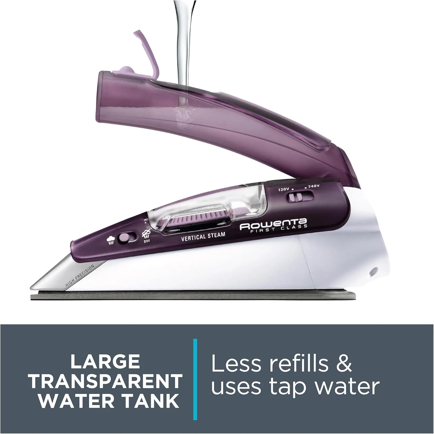 Rowenta Travel Iron, Pro Compact Stainless Steel Soleplate Hand Held Steamer Iron for Clothes, 200 Microsteam Holes, 1000 Watts Ironing, Fabric Steamer, Dual Voltage, Mini Iron, Purple, DA1560