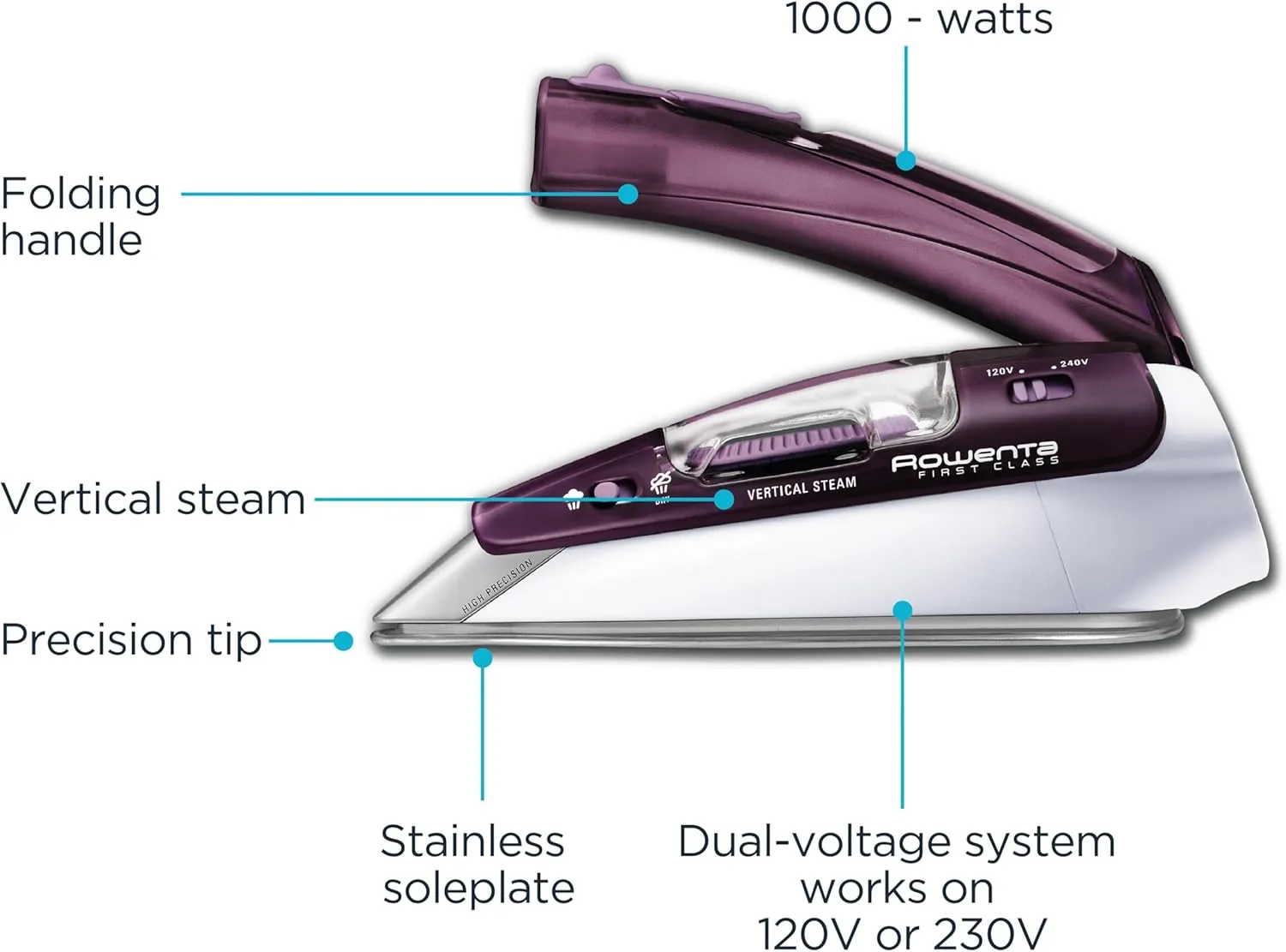 Rowenta Travel Iron, Pro Compact Stainless Steel Soleplate Hand Held Steamer Iron for Clothes, 200 Microsteam Holes, 1000 Watts Ironing, Fabric Steamer, Dual Voltage, Mini Iron, Purple, DA1560
