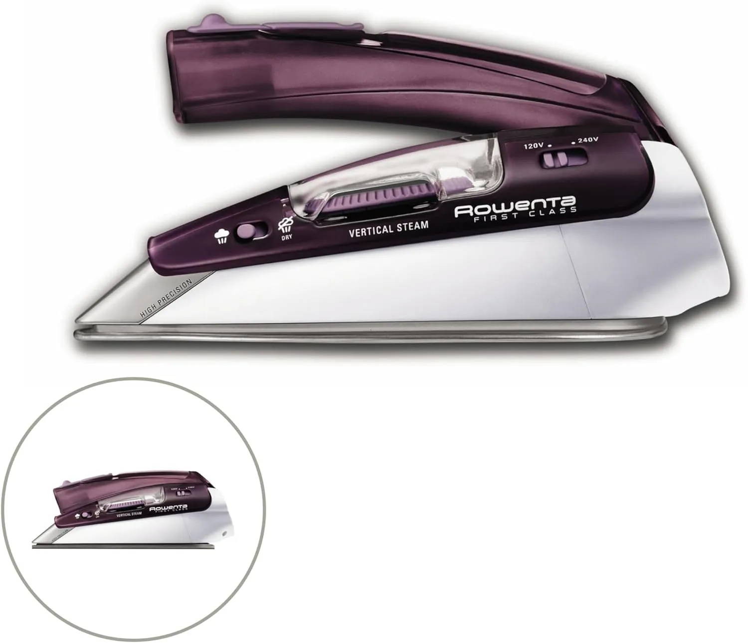 Rowenta Travel Iron, Pro Compact Stainless Steel Soleplate Hand Held Steamer Iron for Clothes, 200 Microsteam Holes, 1000 Watts Ironing, Fabric Steamer, Dual Voltage, Mini Iron, Purple, DA1560