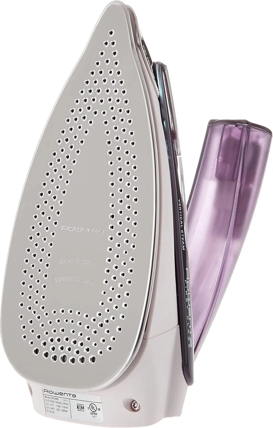 Rowenta Travel Iron, Pro Compact Stainless Steel Soleplate Hand Held Steamer Iron for Clothes, 200 Microsteam Holes, 1000 Watts Ironing, Fabric Steamer, Dual Voltage, Mini Iron, Purple, DA1560