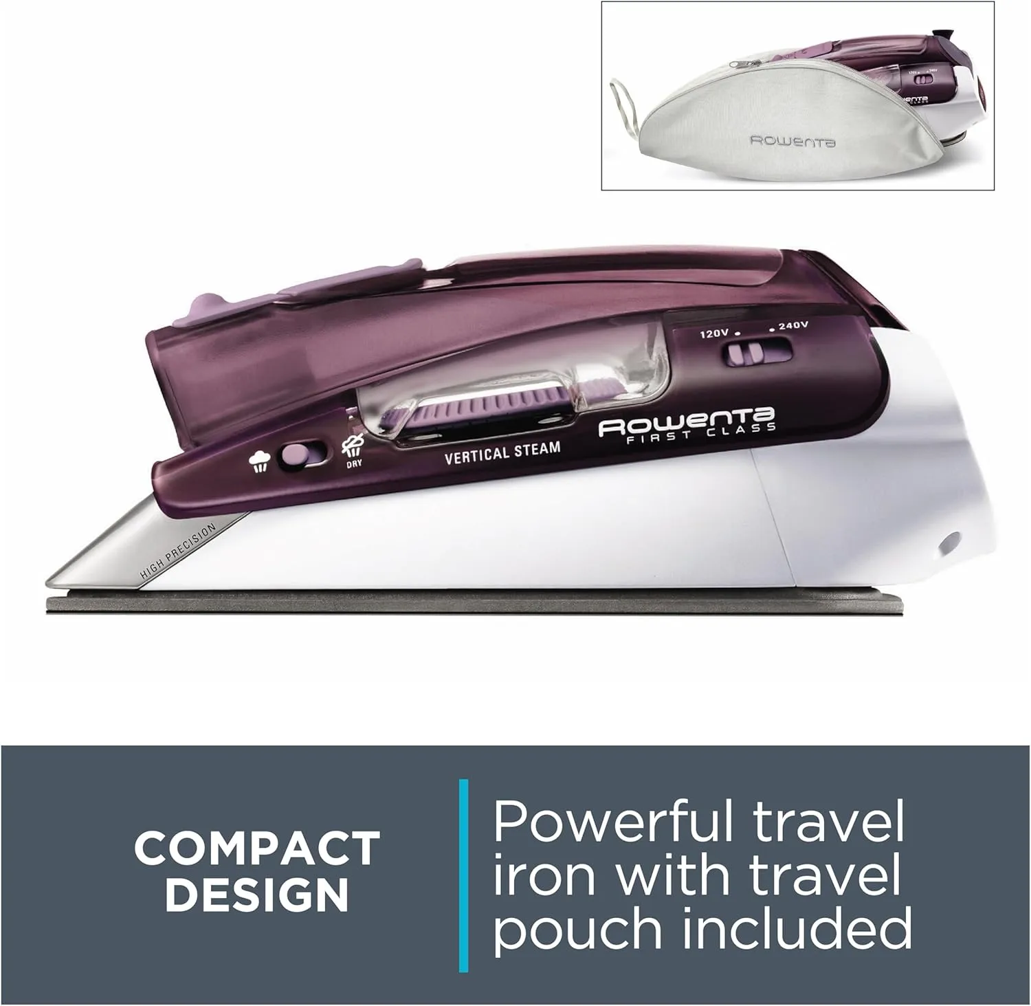 Rowenta Travel Iron, Pro Compact Stainless Steel Soleplate Hand Held Steamer Iron for Clothes, 200 Microsteam Holes, 1000 Watts Ironing, Fabric Steamer, Dual Voltage, Mini Iron, Purple, DA1560