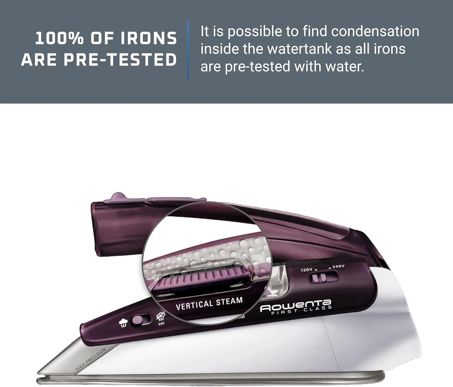 Rowenta Travel Iron, Pro Compact Stainless Steel Soleplate Hand Held Steamer Iron for Clothes, 200 Microsteam Holes, 1000 Watts Ironing, Fabric Steamer, Dual Voltage, Mini Iron, Purple, DA1560