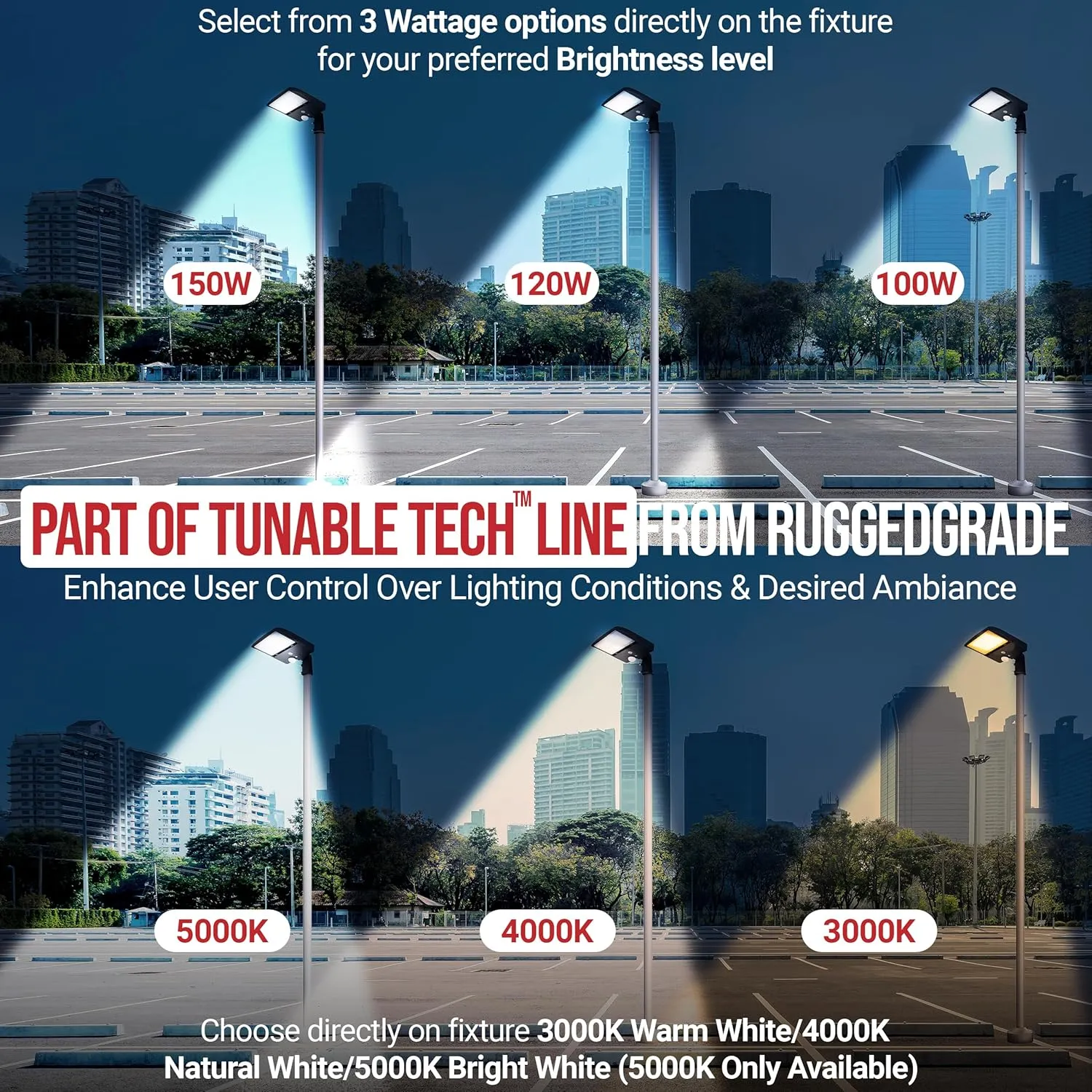 RuggedGrade 150W - NextGen IV Series LED Street Light with T2 Lens - Color Selectable 30K/40K/50K - Slip Fit - Gray