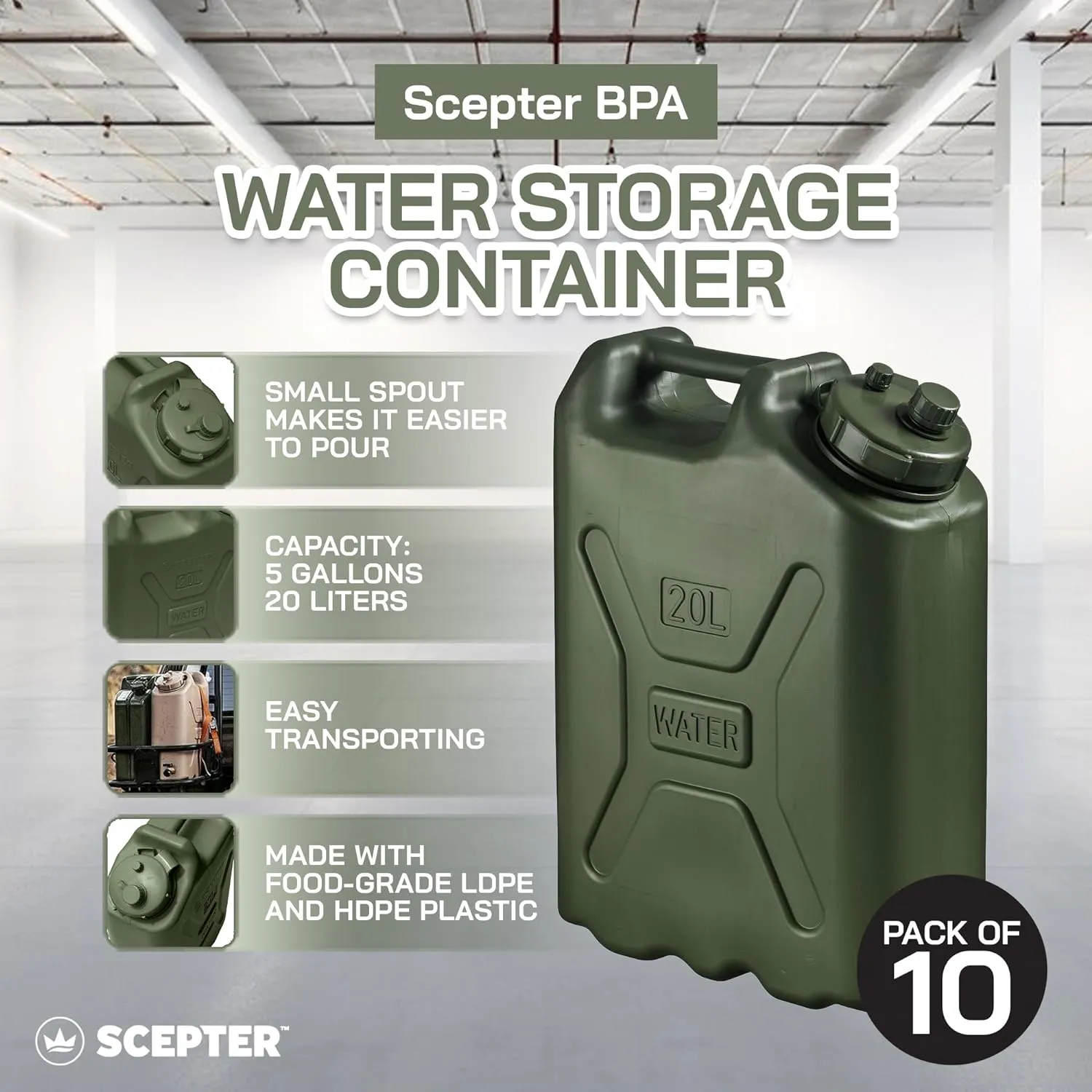 Scepter BPA Durable 5 Gallon 20 Liter Portable Military Water Storage Container for Camping, Outdoors and Emergency Management