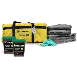 Set of 6 FlashDry Pro Portable Complete Spill Kits - Yellow Duffle, Bag Tag, 15 Absorbent Pads, 2 3"x 4' Sorbent Socks, Disposal Bags, Nitrile Gloves, Two 5L Buckets of 100% Organic, Lightweight Coir